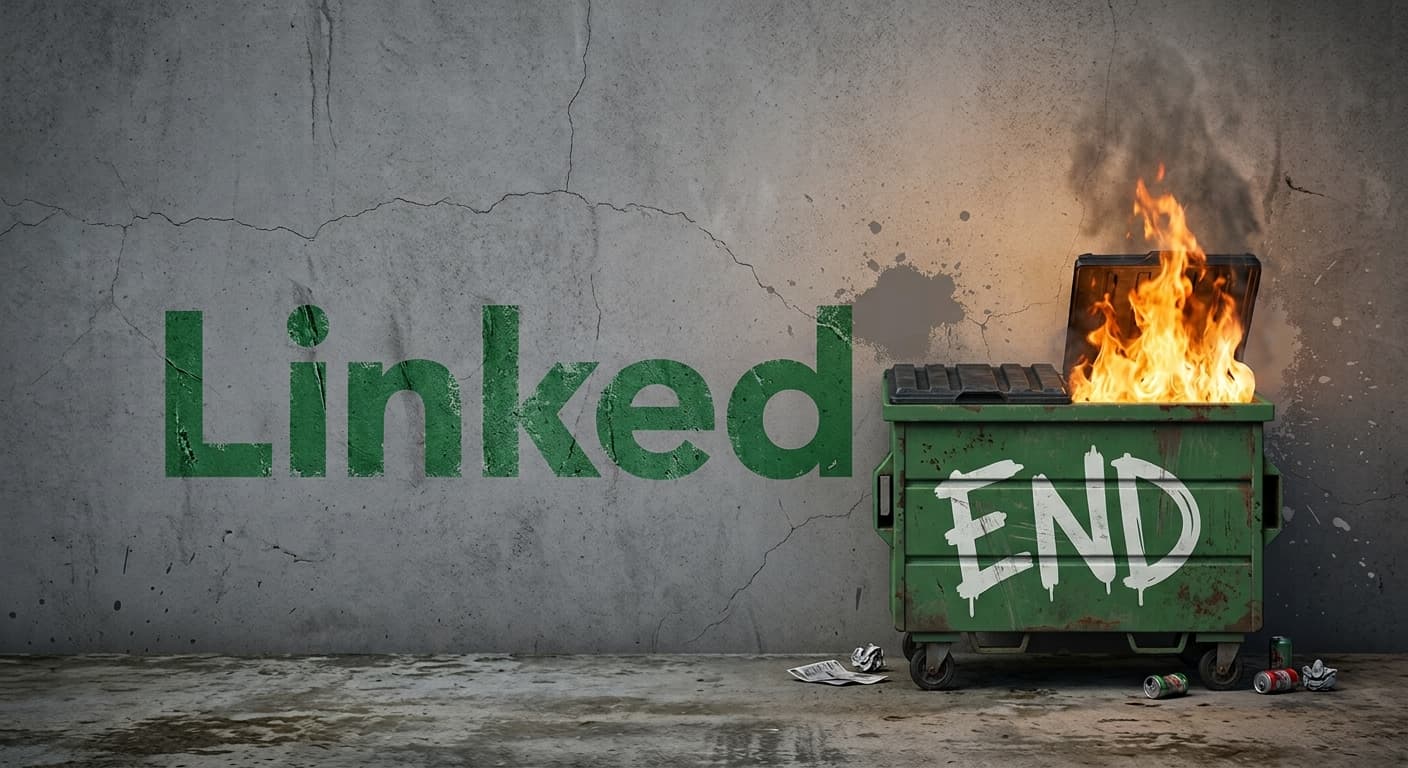 LinkedEnd β Linked, then a square badge holding a burning dumpster with END graffiti'd on it